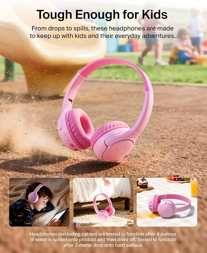 Belkin SoundForm Mini 2 Wireless Kids Bluetooth Headphones - On-Ear Earphones w/ 55H Battery Life, 85dB Safe Volume Limit, Built-in Microphone - Toddler Headphones for iPad, Tablet, School, Travel