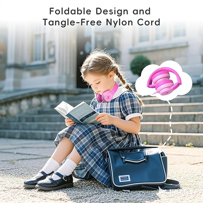 Candy Bila Kids Headphones, Wired Headphones for Kids Over Ear with Microphone, Foldable Headphone for Learning & Entertainment, Gradient Deep Pink