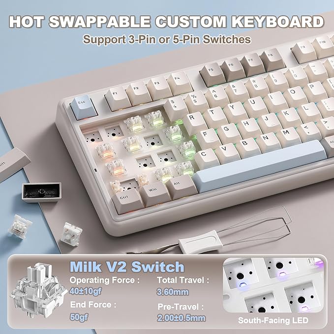 YUNZII B98 PRO QMK/VIA Wireless Mechanical Gaming Keyboard,96% Layout with Numpad and Cute Cat Knob, BT/2.4G/USB-C,Linear Switch Hot Swap Gasket,RGB for Win/Mac (Beige, Milk V2 Linear Switch)