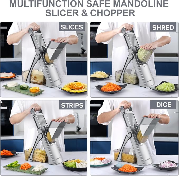 SupMaKin Upgrade Safe Mandoline Slicer for Kitchen,Adjustable Potato Slicer Vegetable Onion Chopper, French Fry Cutter, Include Vegetable Peeler(Gray)