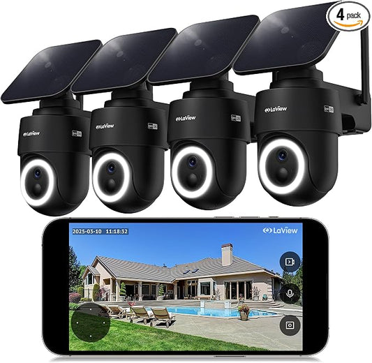 LaView 2K Solar Camera Outdoor Wireless, 100% Wire-Free WiFi Cameras for Home Security, 360° Rechargeable Battery Outdoor Camera, IP65, Color Night Vision, Two-Way Audio, Work with Alexa(4 Pack)