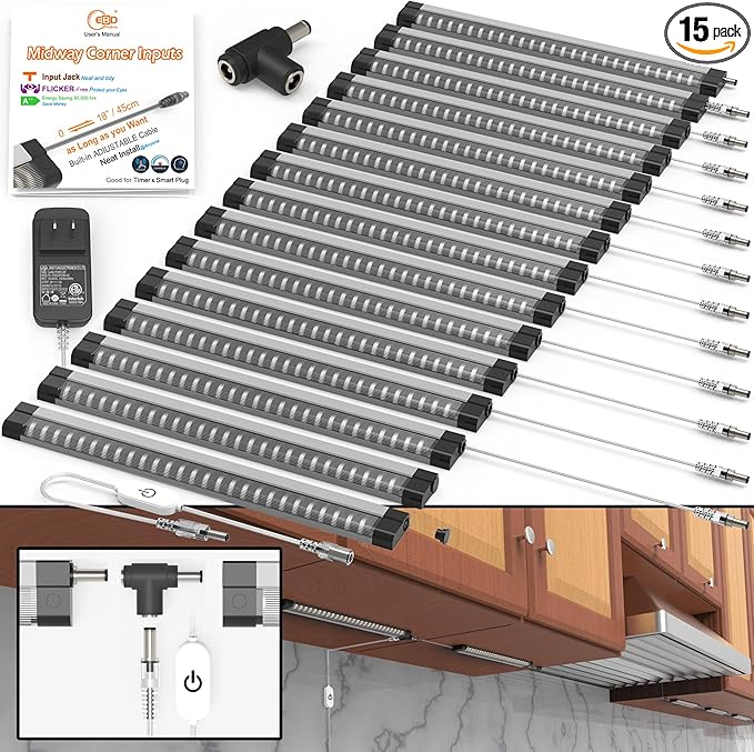 EBD Under Cabinet Lighting Plug in 15 Pcs 12 Inch, Dimmable No Messy Wires Built-in Adjustable Cable LED Light Bar, T-Connector Counter Lights for Smart Plug Kitchen Home Office 6500K 6750Lm 6 Cables
