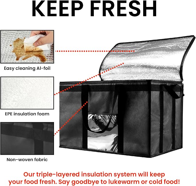 NZ home Insulated Bags for Food Delivery (3XL) Grocery Shopping Cooler Bag, Pizza Delivery, Hot & Cold Catering Tote, Reusable, Foldable & Heavy Duty (10 Pack, Black)