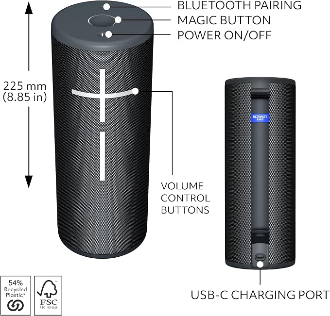 Ultimate Ears MEGABOOM 4 Portable Waterproof Bluetooth Speaker, 360-Degree Sound, Thundering Bass, 147ft Range, 20-Hour Battery, Floating Speaker - Black (Renewed)