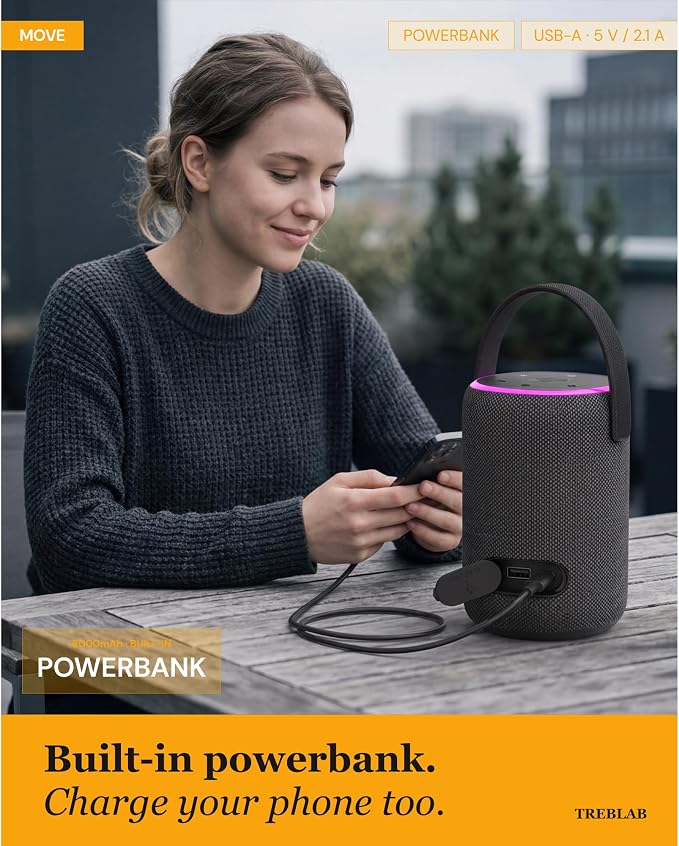 TREBLAB Portable Outdoor Bluetooth Speaker, 40W, IPX6 Waterproof, 18-Hour Battery, TWS Stereo Pairing, USB-C, Built for Active Days - Move Power (HD-Energy-Pro)