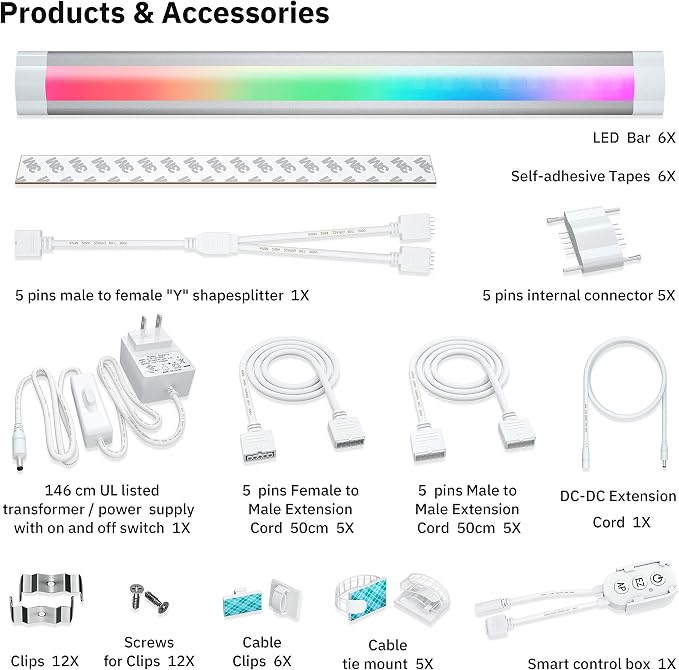 Smart Under Cabinet Lighting with Remote,RGB Cabinet Lights,Color Changing LED Strip Lights for PC,Kitchen Under Counter Lighting Plug in,Shelf Lights,LED Light Bar,Work with Alexa,Google,App,6pcs