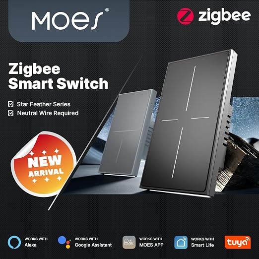 MOES Full Touch Smart Switch, ZigBee SF(Star Feather 2026 Version) Wall Light Switch, Neutral Wire Required, Anti-Glare Panel,Work with Smart Life/Tuya App, Alexa and Google Home 3 Gang Grey