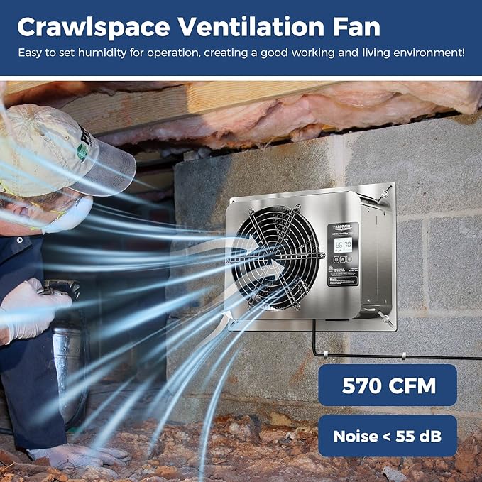 ALORAIR 570 CFM Crawlspace Ventilator Fan with Humidistat, Stainless Steel Exhaust Vent Fans with Digital Display, Timing Cycle, Freeze Protection Thermostat, for Basement, Garage, Attic, Grow Tent