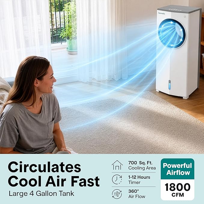 SereneLife Portable Evaporative Air Cooler with 4L Detachable Water Tank, 1800 CFM Evaporative Cooler with Remote & Ice Packs, Indoor Outdoor Air Cooler Portable for Room Use, (White & Gray)