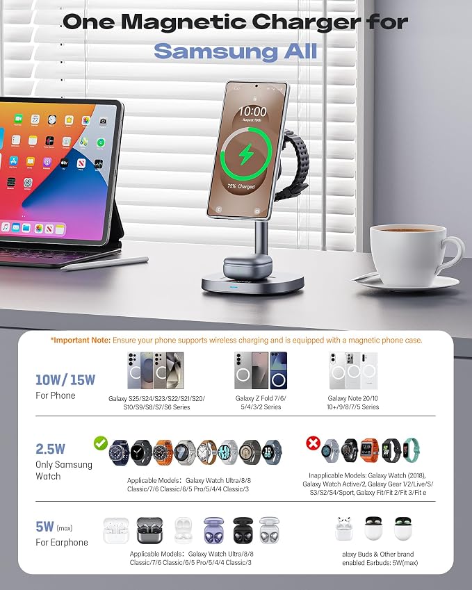 Magnetic Wireless Charger for Samsung, Qi2 Fast 15W Android 3 in 1 Charging Station TEC Cooling Compatible with Magsafe Charger for Galaxy S25 Ultra/S24/Z Fold 7/Flip7/Samsung Watch Ultra 8/Buds