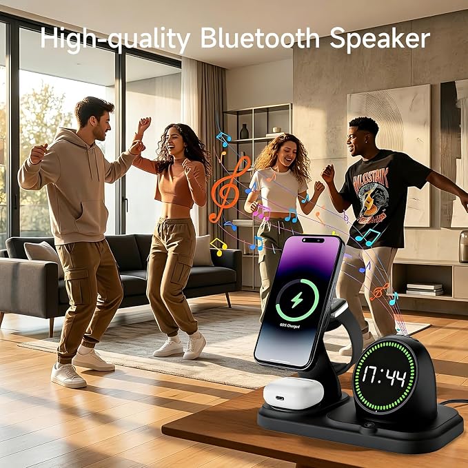 6 in 1 Wireless Charger Charging Station : Compatibility for iPhone 17 16 15 14 13 Pro Max Apple Watch, Charger Stand for Apple Devices, with Wireless Speaker and Digital Clock Ambient Lights (Black)