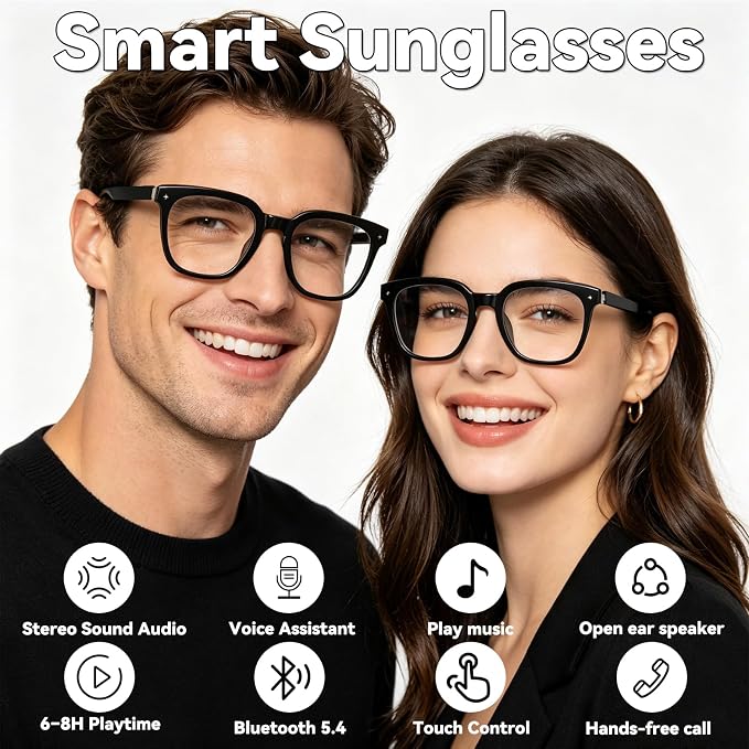 Smart Bluetooth Glasses for Men Women, Ai Smart Glasses with Open-Ear Audio, Voice Control, Real-time Translation, Hands-Free Calls, Bluetooth Sunglasses for Daily Use, Travel