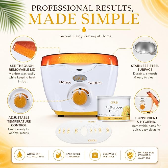 GiGi Wax Warmer for Hair Removal, Face and Body Depilatory Kit with All-Purpose Honee Wax and 10 Collars, Adjustable Temperature, 14 oz