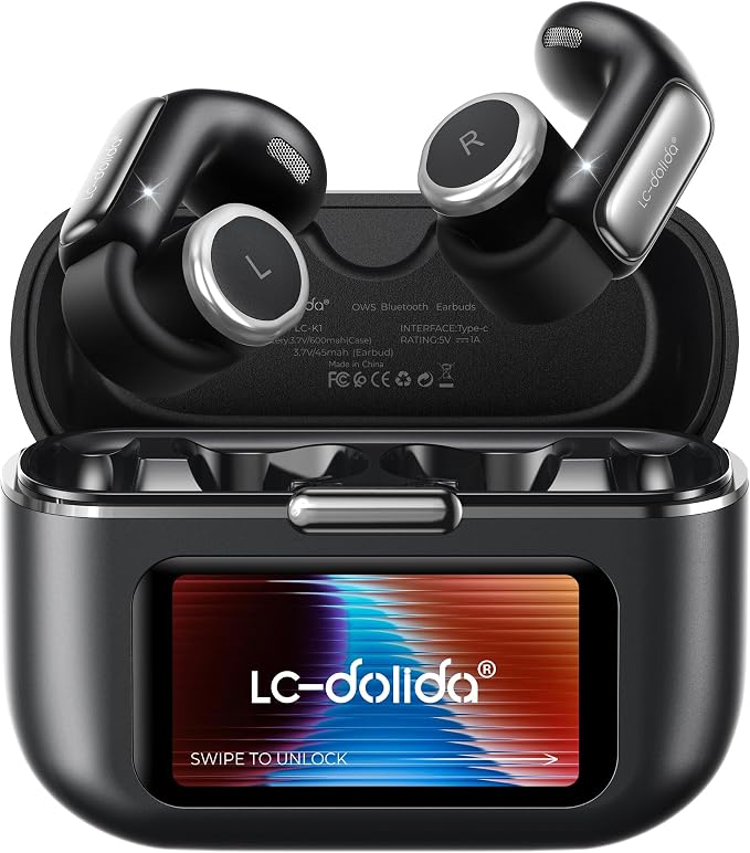 LC-dolida Open-Ear Wireless Earbuds with Smart LED Display Case, Clip On Earbuds All-Day Comfort & Situational Awareness, Case Control for Volume, EQ, Music, Find My Earbuds & Camera, Timer (Black)