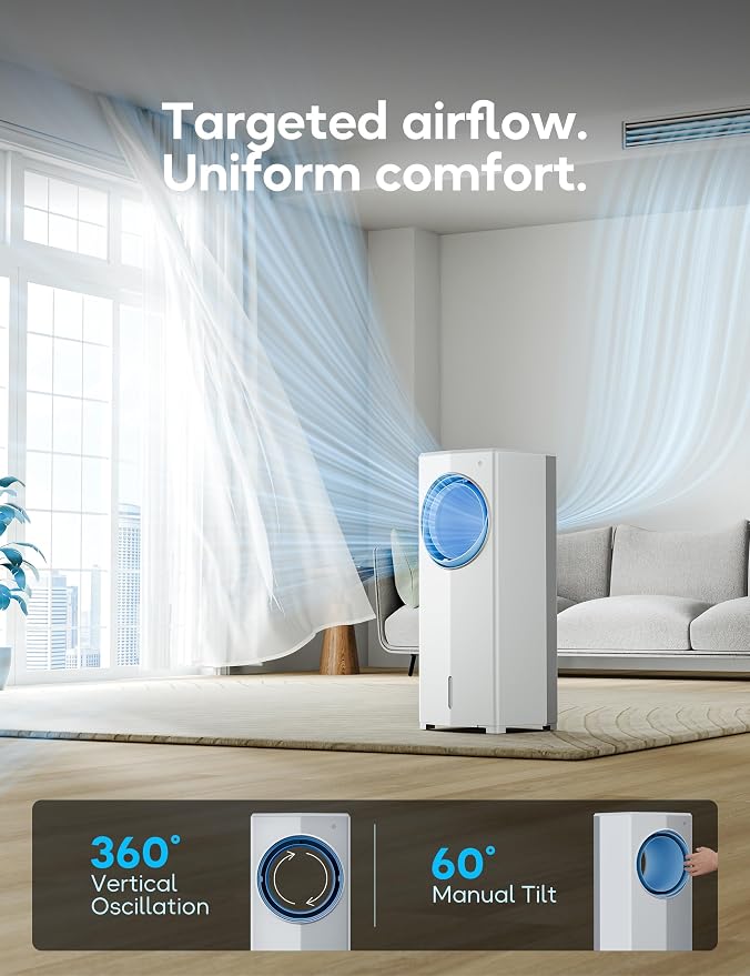 Windowless Portable Air Conditioner, 26.1" Small Evaporative Air Cooler for Room No Window, 3-Speed Settings, 4 Modes, 7H Timer, Remote Control, 4 Ice Packs, Quiet AC Unit for Bedroom, Ivory