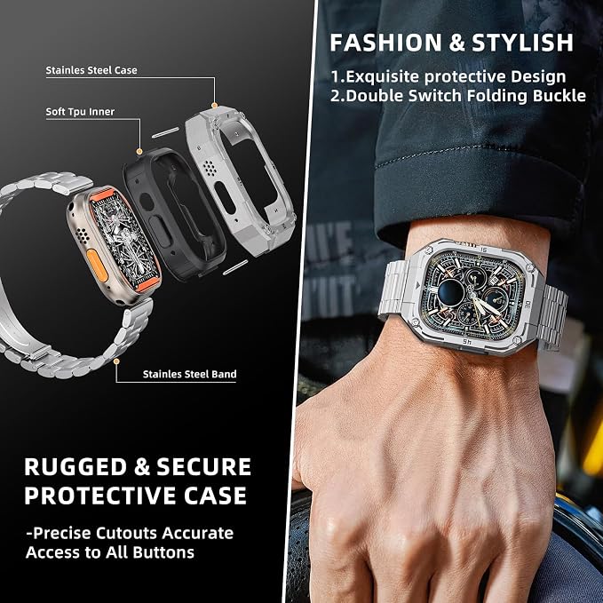 Business Stainless Steel Case and Band Compatiable for 44mm Apple Watch Band Men -Solid Metal iWatch Bumper Case and Strap iWatch Bands Series 6 5 4 SE 3/2/1,Silver