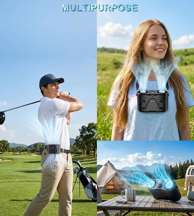 Portable Waist Fan with 2 Ice Cooling Plates & Flashlight, Personal Neck Belt Clip On Fan Dual Turbo 32000 RPM, Shirt Fans Air Conditioner 10000mAh Rechargeable, 100 Speeds for Outdoor Travel Jobsite