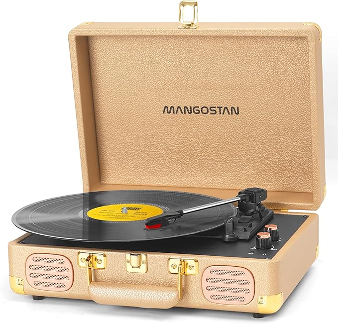 Record Player 3 Speed Bluetooth Portable Suitcase, Vinyl Phonograph with Built-in Bass & Speakers, Belt-Driven LP Player Support AUX-in RCA Line Out Headphone Jack, Champagne Gold