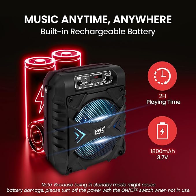 Pyle Portable Bluetooth PA Speaker System, 300W Rechargeable Outdoor Bluetooth Speaker Portable PA System w/ 8” Subwoofer, AUX, Microphone in, Party Lights, MP3/USB, Radio, Remote