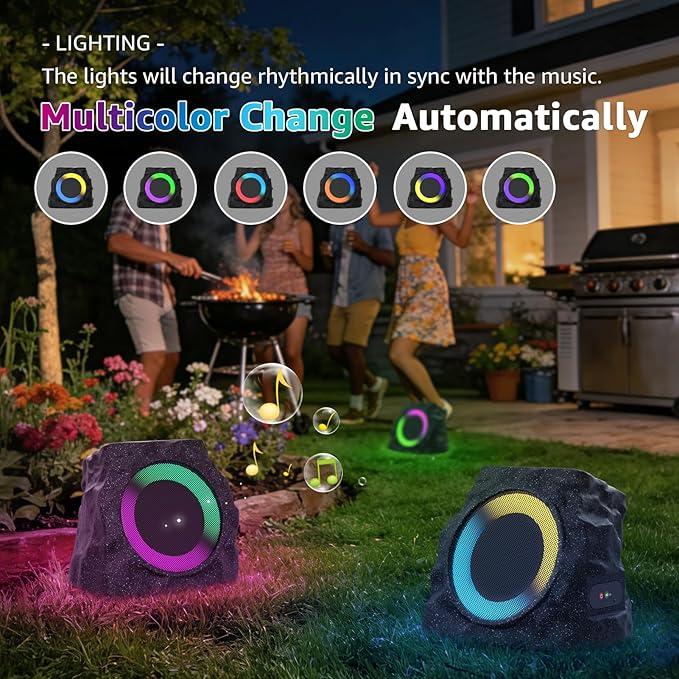 MIKK 2 Pack Solar Rock Speakers Outdoor Waterproof Patio with Lights Color,Multi-Sync Up to 100 Speakers Pairing Solar Powered Rock Speaker Rechargeable for Pool Party Yard Outside