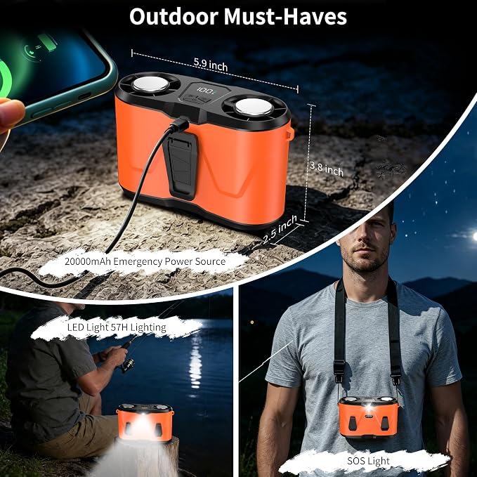 20000mAh Wearable Waist Fan, USB Rechargeable Personal Fan with 10 Wind Speeds, Dual Motors Portable Clip On Fan, Hands Free Cooling Fan for Outdoor Working Camping Travel (Orange)