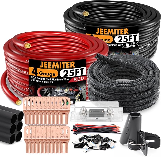 Jeemiter 4 Gauge CCA Wire Copper Clad Aluminum (50FT Red/Black) - 4ga Power/Ground Cable with 100A ANL Fuse Holder,1/2 Inch Cable Split Sleeving,Lugs,Heat Shrink Tubing for Car Audio,Solar,RV & Marine
