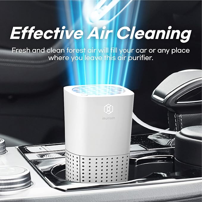 IMUNSEN M-003W True HEPA 13 Filter Air Purifier for Car, Desk, and Office with Carbon Deodorization Filter, 4-Stage Filtration, Smoke, Odors, Allergens, USB Port 5V, Made in Korea - White