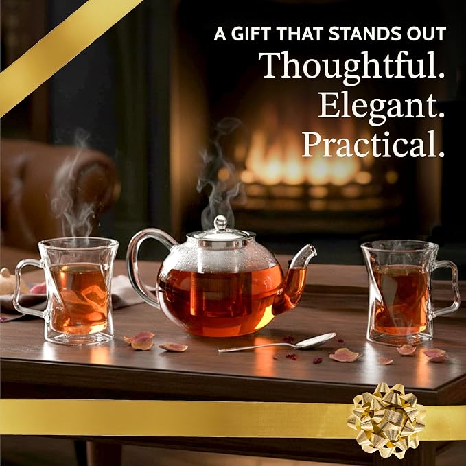 James Bentley Glass Coffee and Tea Set – Borosilicate Glass Teapot Set for Adults with 40oz Teapot & 4 Insulated Glasses, Stainless Steel Strainer for Bags and Loose Tea– Microwave, Dishwasher Safe