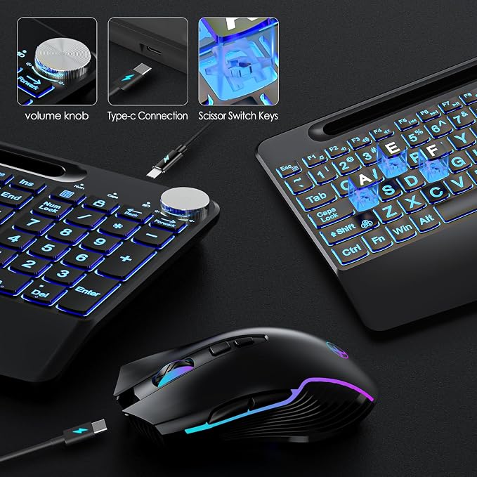 Lighted up Full Size 2.4G Wireless Keyboard and Mouse Combo, Rechargeable,with 7 Colored Backlits &Phone Holder &Wrist Rest &jiggler Mouse,for Mac Windows Laptop PC (Keyboard and Mouse Set)
