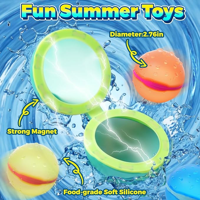 24 Pcs Reusable Water Balloons, Self-Sealing Refillable Water Balls, Pool Toys for Kids Ages 4-14, Pool Beach & Outdoor Water Ballons