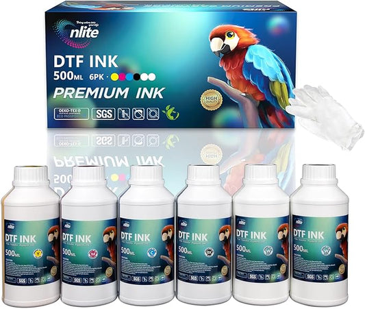 Enlite Premium DTF Ink 500ML Combo Pack, Pigment Ink for PET Film Heat Transfer Printing, Refill for DTF Printer with printhead DX5 DX7 5113 XP600 I3200 4720 TX800, 2W+1B+1C+1M+1Y