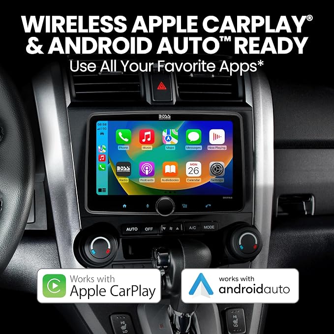 BOSS Audio Systems BCPA8 Single DIN Car Stereo Wireless Apple CarPlay, Android Auto, 8 Inch Touchscreen, Bluetooth, AM/FM Radio Receiver