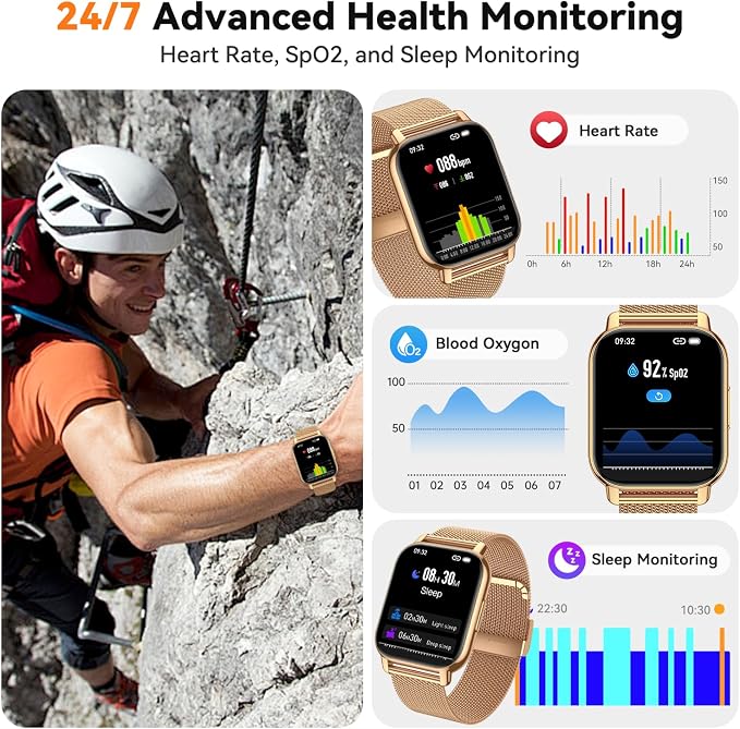 Smart Watch for Women (3 Bands), Fitness Tracker with Bluetooth Calls, IPX8 Waterproof Smartwatch for Android iPhone, 112+ Sport Modes, Heart Rate/Sleep/SpO2 Monitor, Gold