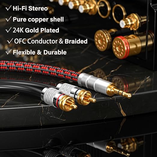 RCA to 3.5mm Cable 3.2FT, Aux to RCA Headphone Male to Male Jack Adapter Audiophile Braided Gold Plated Audio Y Cord for Smartphones,Tablets,Speakers,MP3,HDTV and More