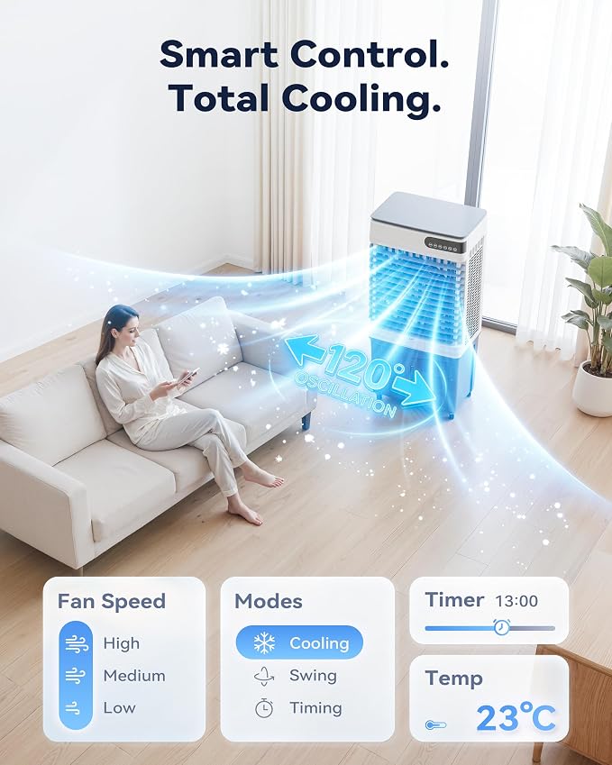 Swamp Cooler Air Conditioner, Portable Evaporative Cooler 18 Gal Water Tank | 4000 CFM, 120° Oscillation, 3 Speeds&Modes,12H Timer, Remote&Touch, 4 Ice Packs, for Garage, Large Room, Dry Climate