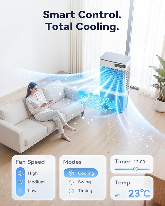 Swamp Cooler Air Conditioners, Large 18.5-Gal Tank for 7d Cooling, 4-IN-1 Portable Evaporative Cooler with LED Touch Screen, 3 Fan Speeds,12H Timer and Remote, 1000 sq ft, Ideal for Large Rooms