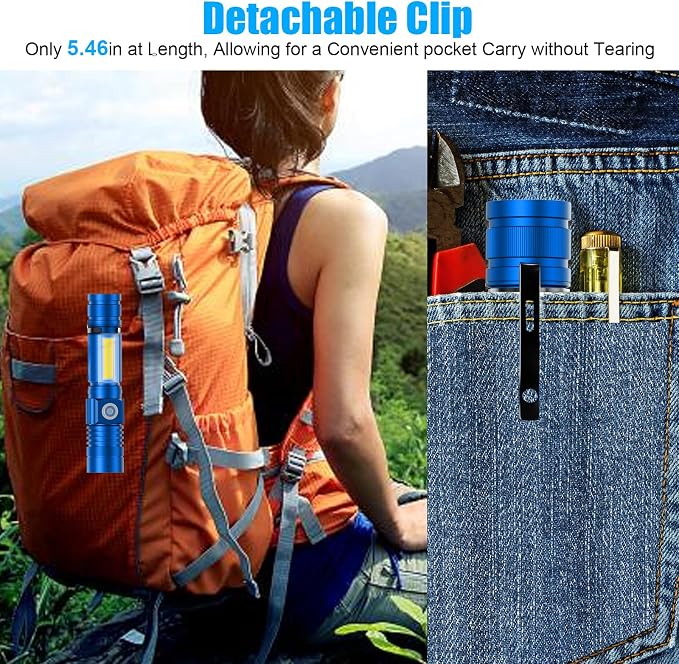 Hoxida Flashlight USB Rechargeable, Magnetic LED Flashlight, Super Bright LED Tactical Flashlight with Cob Sidelight, Waterproof, Zoomable Best Small LED Flashlight for Camping, Emergency - Blue