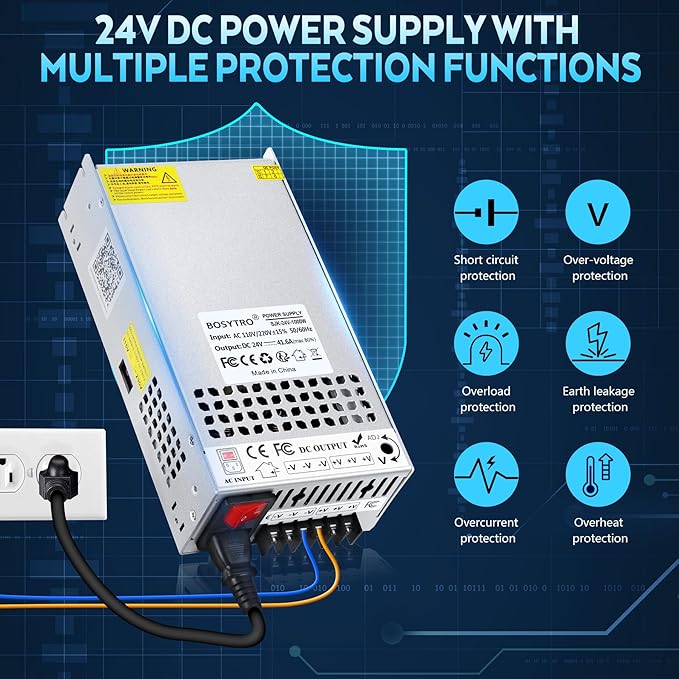 Upgrade 24V 41.6A 1000W DC Switching Power Supply, Universal Transformers PSU AC110V/220V (SMPS), Upgraded Output Port with Power Cord, 24 Volt Power Supply for 3D Printer, CCTV, DC Motor