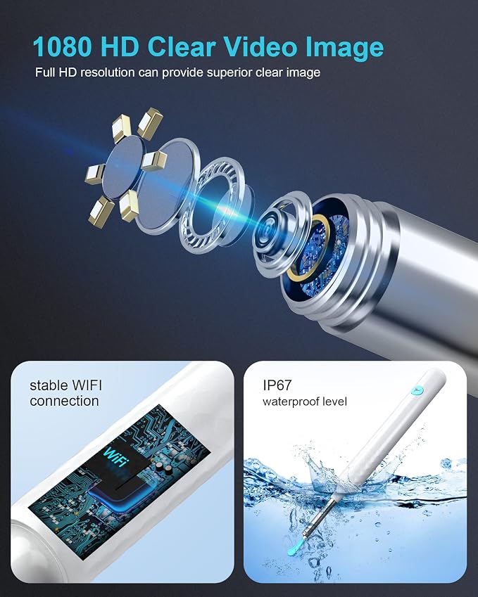 DJROLL Ear Wax Removal Endoscope, Earwax Remover Tool, Ear Camera,1080P FHD Wireless Ear Otoscope with 6 LED Lights,Ear Scope with Ear Wax Cleaner Tool for iPhone, iPad & Android Smart Phones (White)