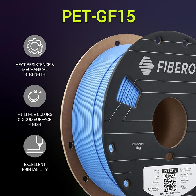 Polymaker Fiberon Blue PET-GF15 3D Printer Filament 1.75mm 1KG, 15% Glass Fiber Reinforced, High Strength & Heat Resistance, Ideal for Automotive, Industrial & Functional Parts, AMS Compatible