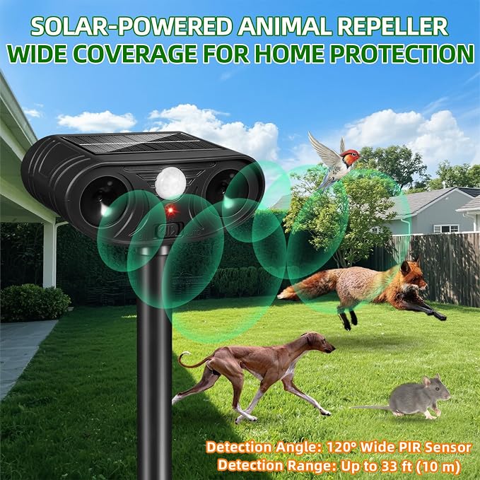 2026 Upgraded Solar Ultrasonic Animal Repellent, 4 Pack IP65 Waterproof Sonic Deer Deterrent, Motion Activated Outdoor Repeller to Keep Cats, Squirrels, Raccoons, Skunks & Dogs Away from Garden, Yard