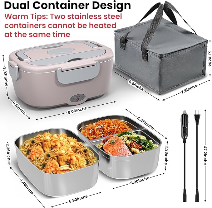 Sitlais Electric Lunch Box for Adults - 80W Fast Heated Lunch Box for Men&Women with Dual 1.5L Stainless Steel Containers Fast Heating Portable Food Warmer for Car&Truck lonchera eléctrica portátil