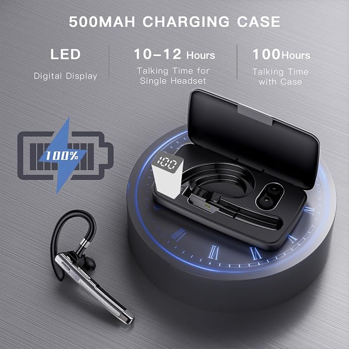 Bluetooth Headset V6.1,100Hrs Talk Time Dual Noise Cancellation Wireless Earpiece,Handsfree Headset with Mic,Driving Headset for Android, iOS,Laptop,Office,Truck Driver,Gunmetal Black