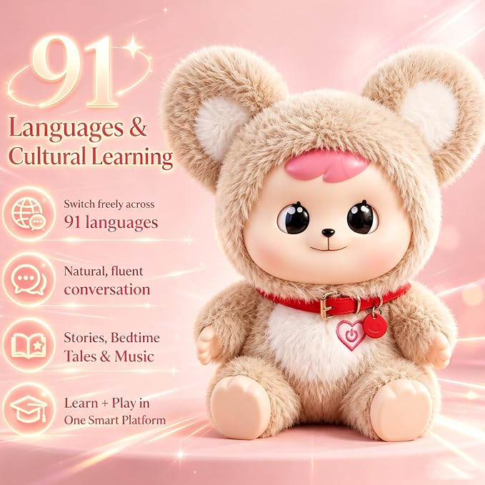 AI Powered Plush Bear Interactive Toy American Smart Voice Chat Human Like 91 Languages Communicable Companion Stuffed Animal Doll for Kids Learning Gift