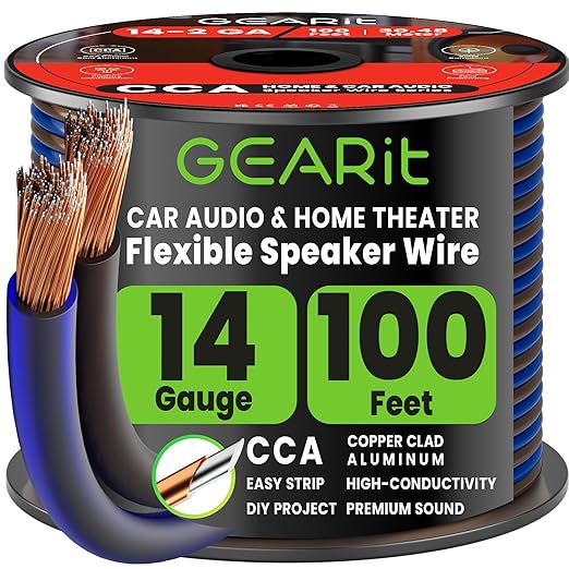 GEARit 14 Gauge Speaker Wire 100 ft,Speaker Cable with Foot Markers & Polarity Markings,14 Gauge Wire for Car Audio & Home Theater Speakers,Audio Cable for DIY Installations,CCA(Black Blue)