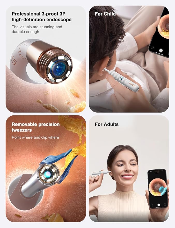 BEBIRD Earsight Plus Ear Wax Removal Tool Camera with HD Visual Otoscope, Smart WiFi Earwax Cleaner Kit, Safe Silicone Flexible Scoops & Tweezers Tools for Adults & Kids (White)
