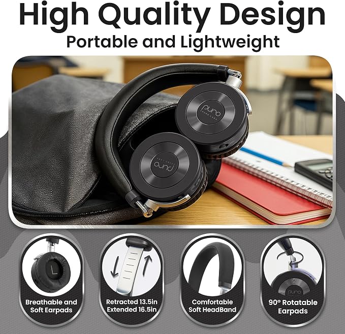 Puro Sound Labs JuniorJam Plus Volume-Limiting Wireless Bluetooth Headphones for Kids, Secure Audio with Adjustable On-Ear Design, 22-Hour Battery Life, Ideal for Tablets, Smartphones & PCs - Black