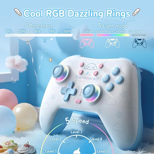 Kuitmor Cinnamoroll Switch Pro Controller, Cute Hall Effect Wireless Gamepad No Drift for Switch 2/Switch/OLED/Lite, PC/Steam, Android, iOS, Bluetooth + Wired, Turbo, Back Buttons, 6-Aixs Gyro, Wake-up, RGB (Blue, Without 2.4g Receiver)