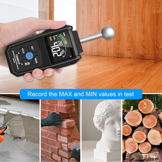2-in-1 Pin & Pinless Moisture Meter, Digital Moisture Detector for Wood, Drywall & Building Materials, Large Color LCD Display, Acoustic Alarm, Calibration, Detects up to 20-40 mm Below Surface