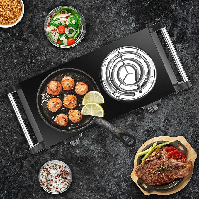2000W Hot Plate Electric Stove, Portable Cooking Stove w/Cooling Handle, 5 Levels of Adjustable Temperature, Countertop Burners Dual Coil Burner for Home RV Camping, Fits All Cookware